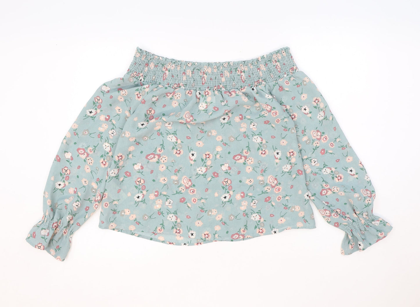 Wild Blue Womens Green Floral Polyester Basic Blouse Size M Off the Shoulder