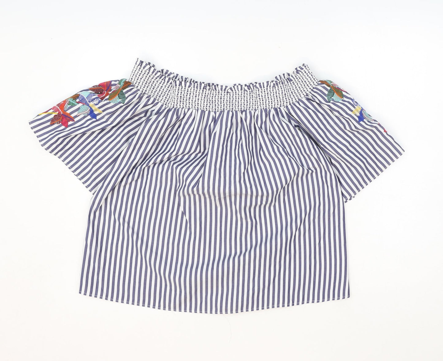 Marks and Spencer Womens Blue Striped Polyester Cropped Tank Size 8 Off the Shoulder - Palm Tree Embroidery