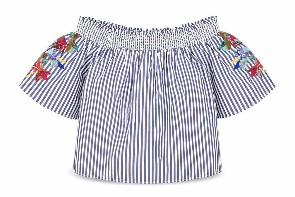Marks & Spencer Womens Blue Striped Polyester Cropped Tank Size 8 Off the Shoulder - Palm Tree Embroidery