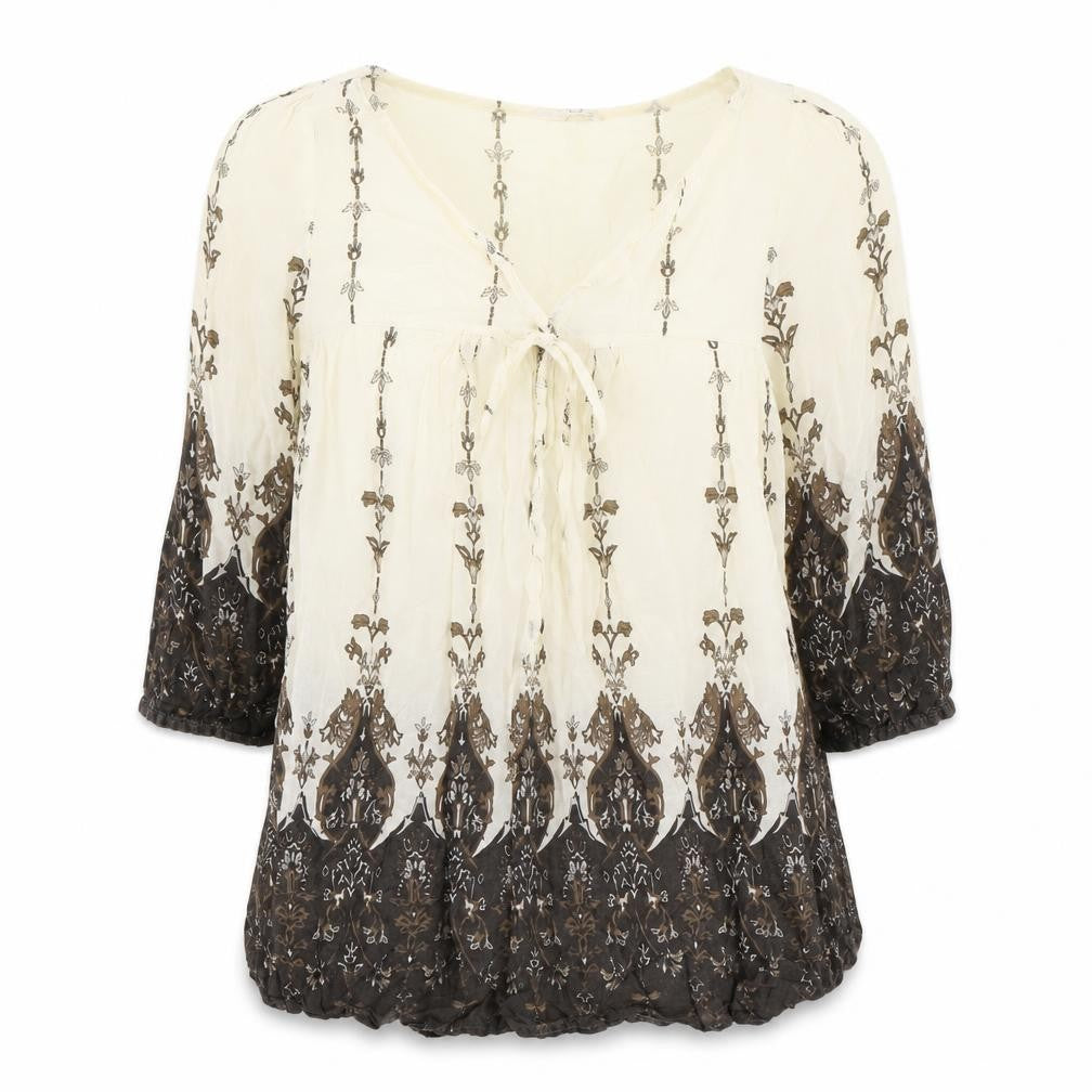 H&M Womens Brown Geometric Cotton Basic Blouse Size 10 V-Neck