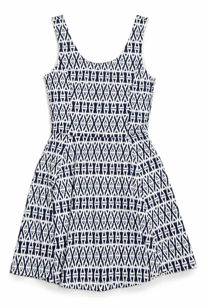 Divided Womens White Geometric Polyester Skater Dress Size 10 Scoop Neck Pullover