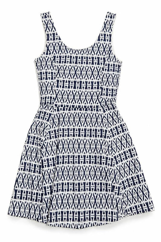 Divided Womens White Geometric Polyester Skater Dress Size 10 Scoop Neck Pullover