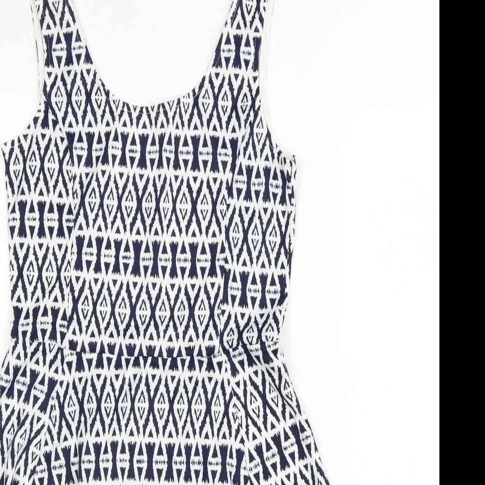 Divided Womens White Geometric Polyester Skater Dress Size 10 Scoop Neck Pullover