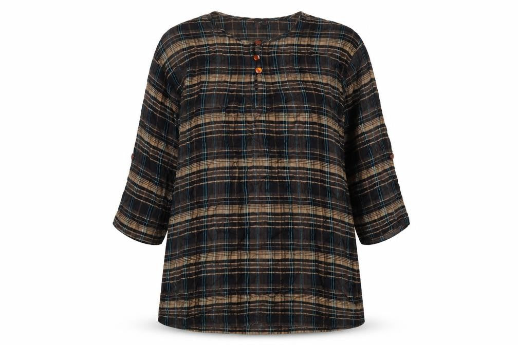 Fransa Womens Brown Plaid Viscose A-Line Size M Round Neck Pullover