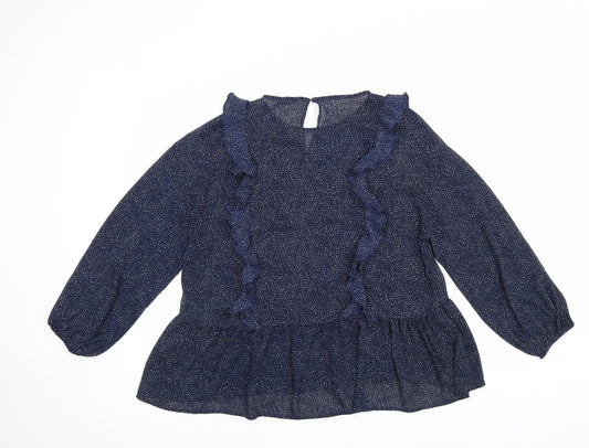 H&M Womens Blue Geometric Polyester Basic Blouse Size 10 Round Neck