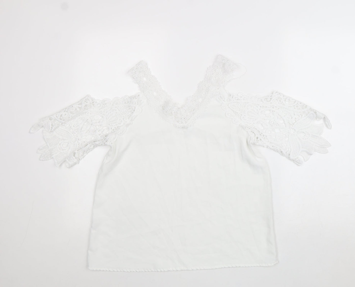 Preworn Womens White Polyester Basic Blouse Size S V-Neck - Cold Shoulder