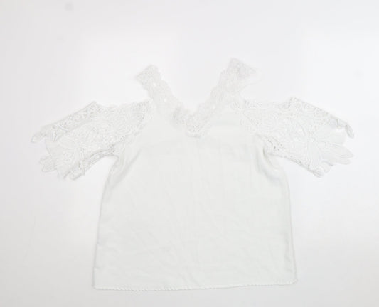 Preworn Womens White Polyester Basic Blouse Size S V-Neck - Cold Shoulder