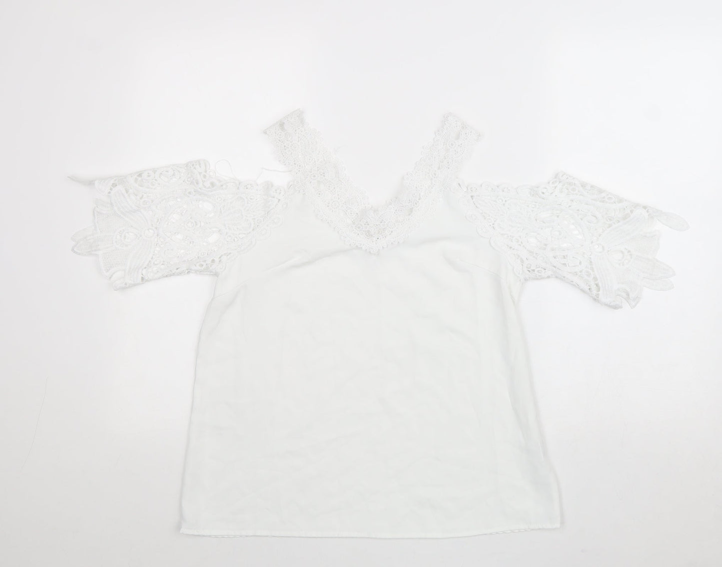 Preworn Womens White Polyester Basic Blouse Size S V-Neck - Cold Shoulder