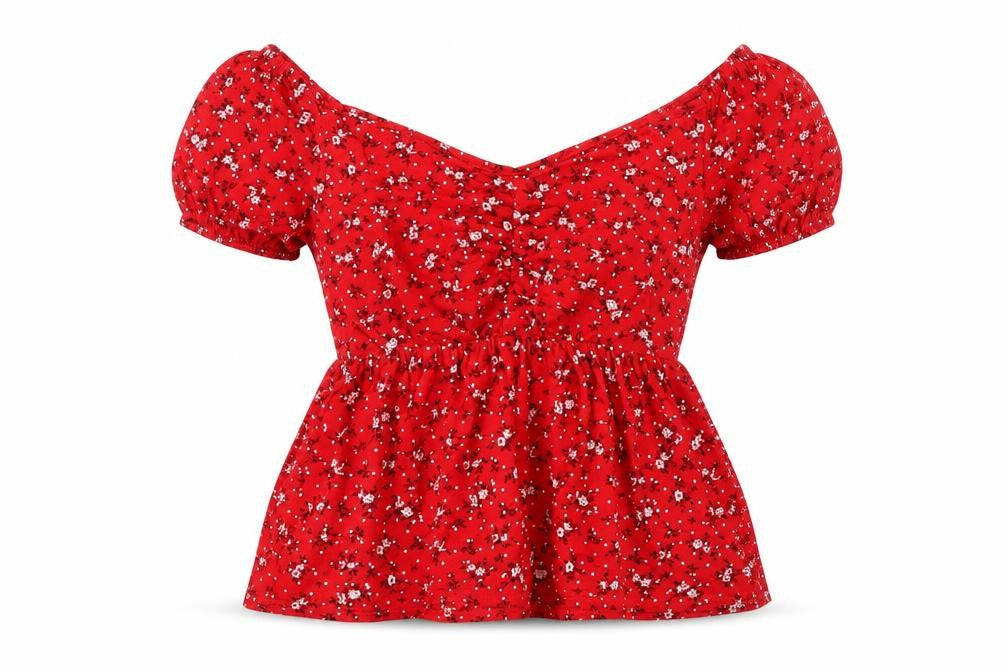 Boohoo Womens Red Floral Viscose Basic Blouse Size 8 Off the Shoulder