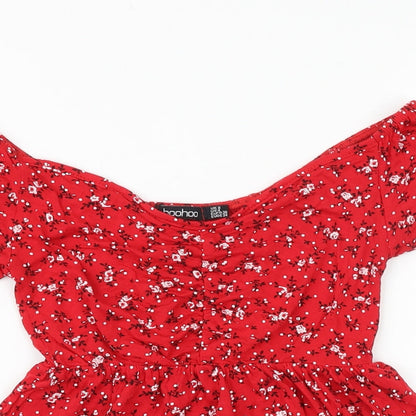 Boohoo Womens Red Floral Viscose Basic Blouse Size 8 Off the Shoulder
