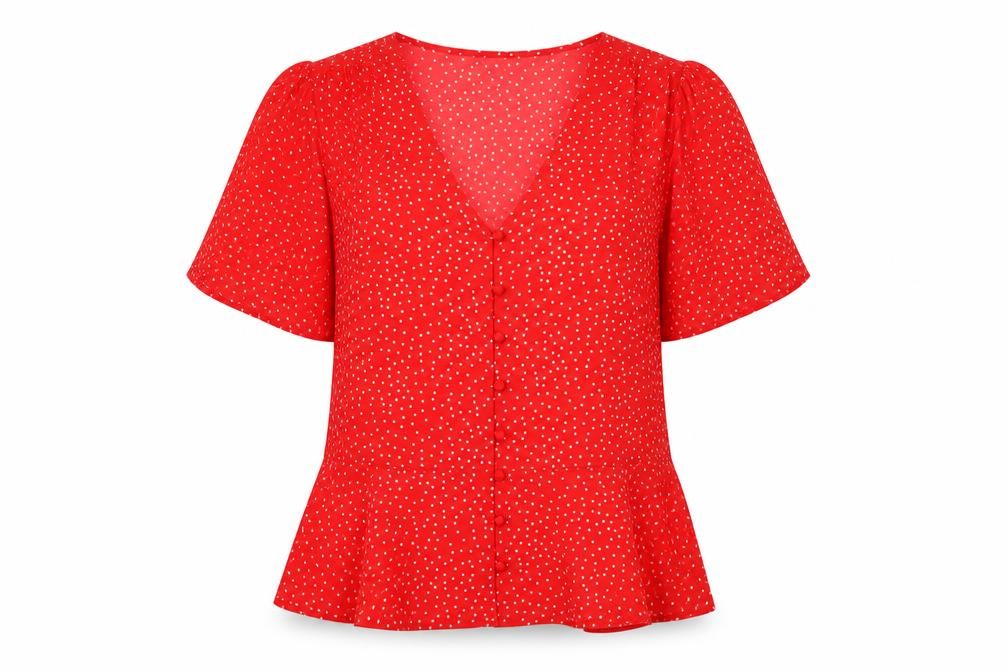 New Look Womens Red Geometric Polyester Basic Blouse Size 10 V-Neck
