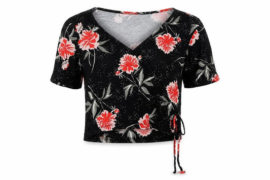 Primark Womens Black Floral Viscose Basic T-Shirt Size 6 V-Neck