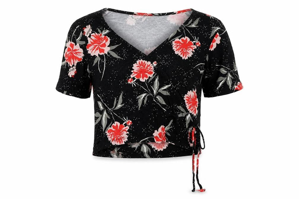 Primark Womens Black Floral Viscose Basic T-Shirt Size 6 V-Neck