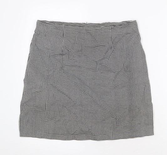 Joy Womens Black Geometric Cotton A-Line Skirt Size L Zip - Houndstooth Pattern