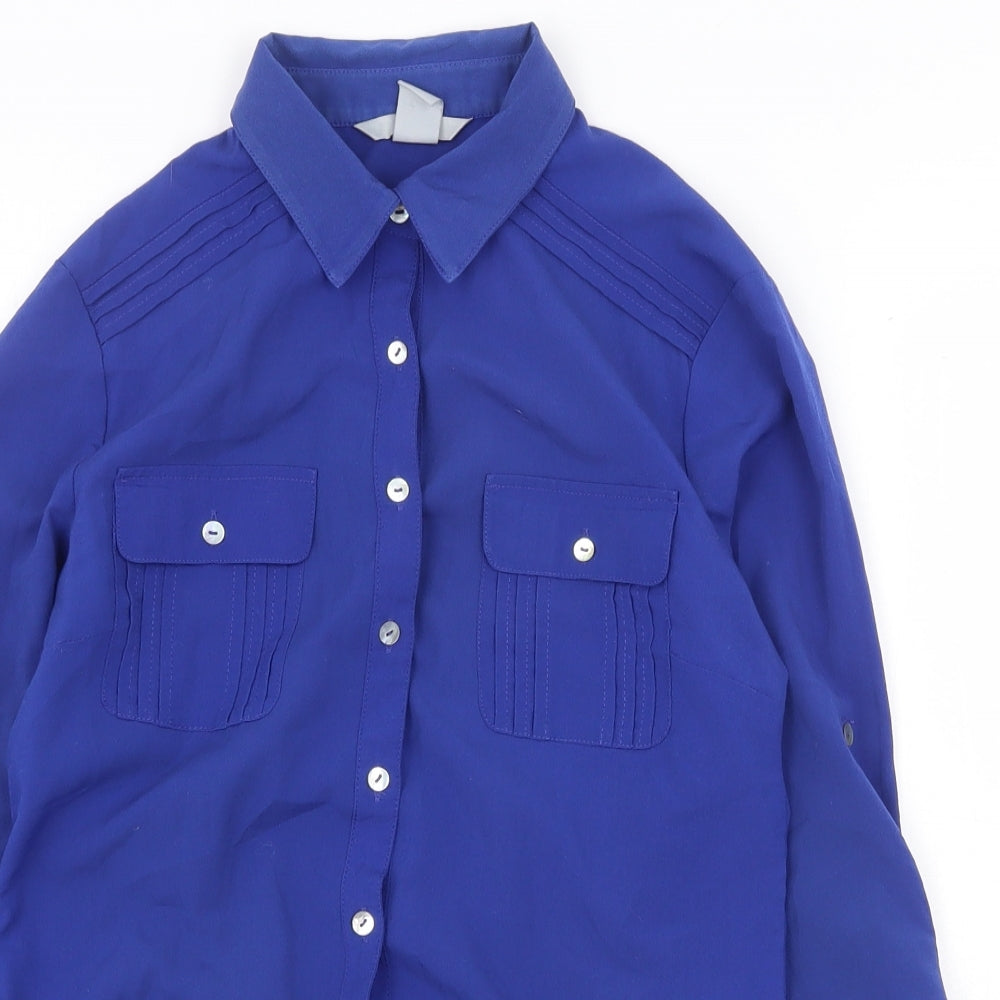 H&M Womens Blue Polyester Basic Button-Up Size 6 Collared