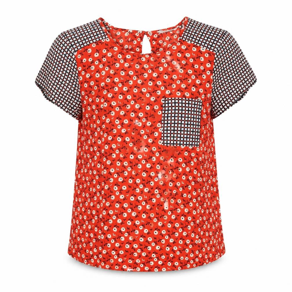 Red Herring Womens Red Geometric Polyester Basic Blouse Size 10 Round Neck