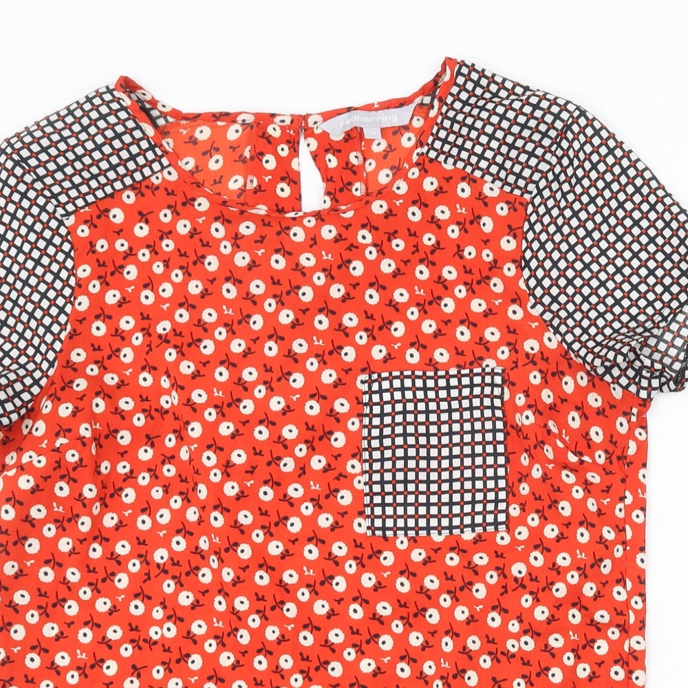Red Herring Womens Red Geometric Polyester Basic Blouse Size 10 Round Neck