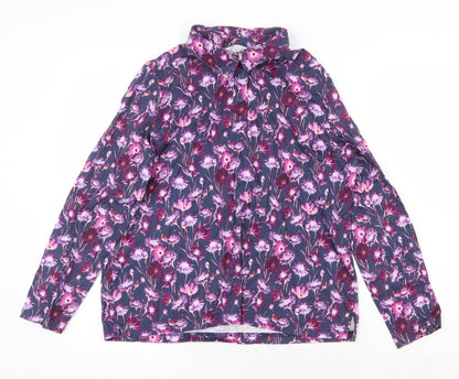 EWM Womens Purple Floral 100% Cotton Basic Button-Up Size L Collared