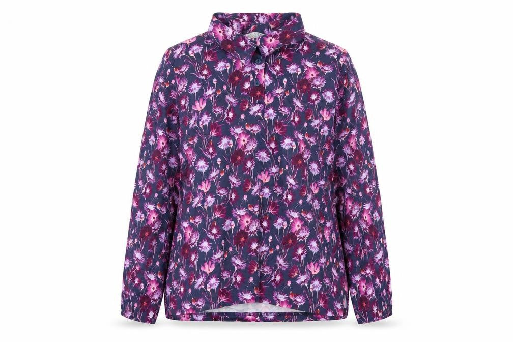 EWM Womens Purple Floral 100% Cotton Basic Button-Up Size L Collared