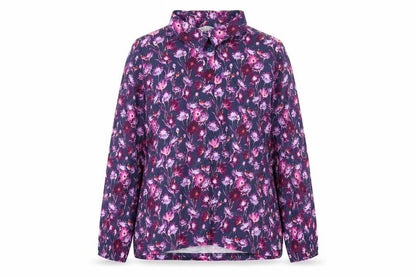 EWM Womens Purple Floral 100% Cotton Basic Button-Up Size L Collared