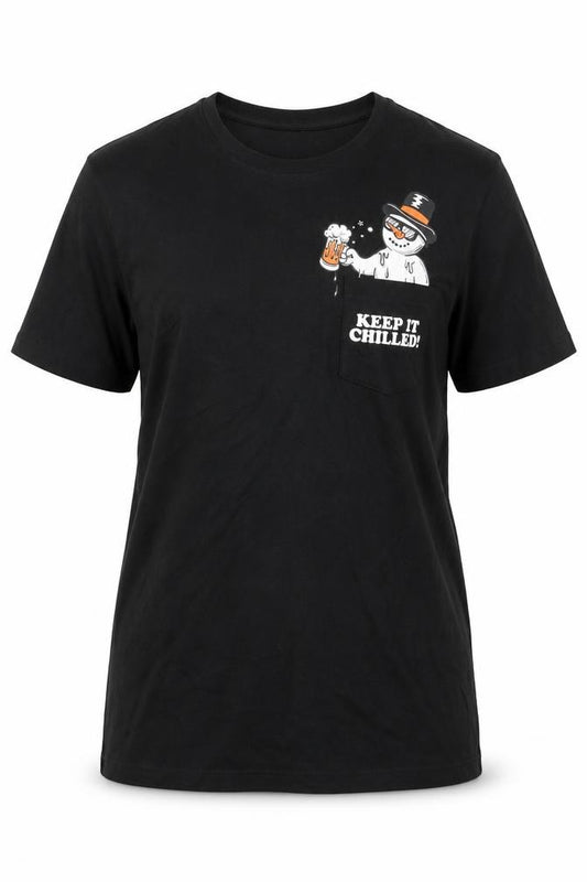 F&F Womens Black 100% Cotton Basic T-Shirt Size M Scoop Neck - Keep it Chilled Snowman