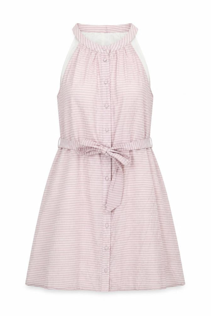 Calli Womens Pink Striped Polyester A-Line Size 12 Round Neck Button