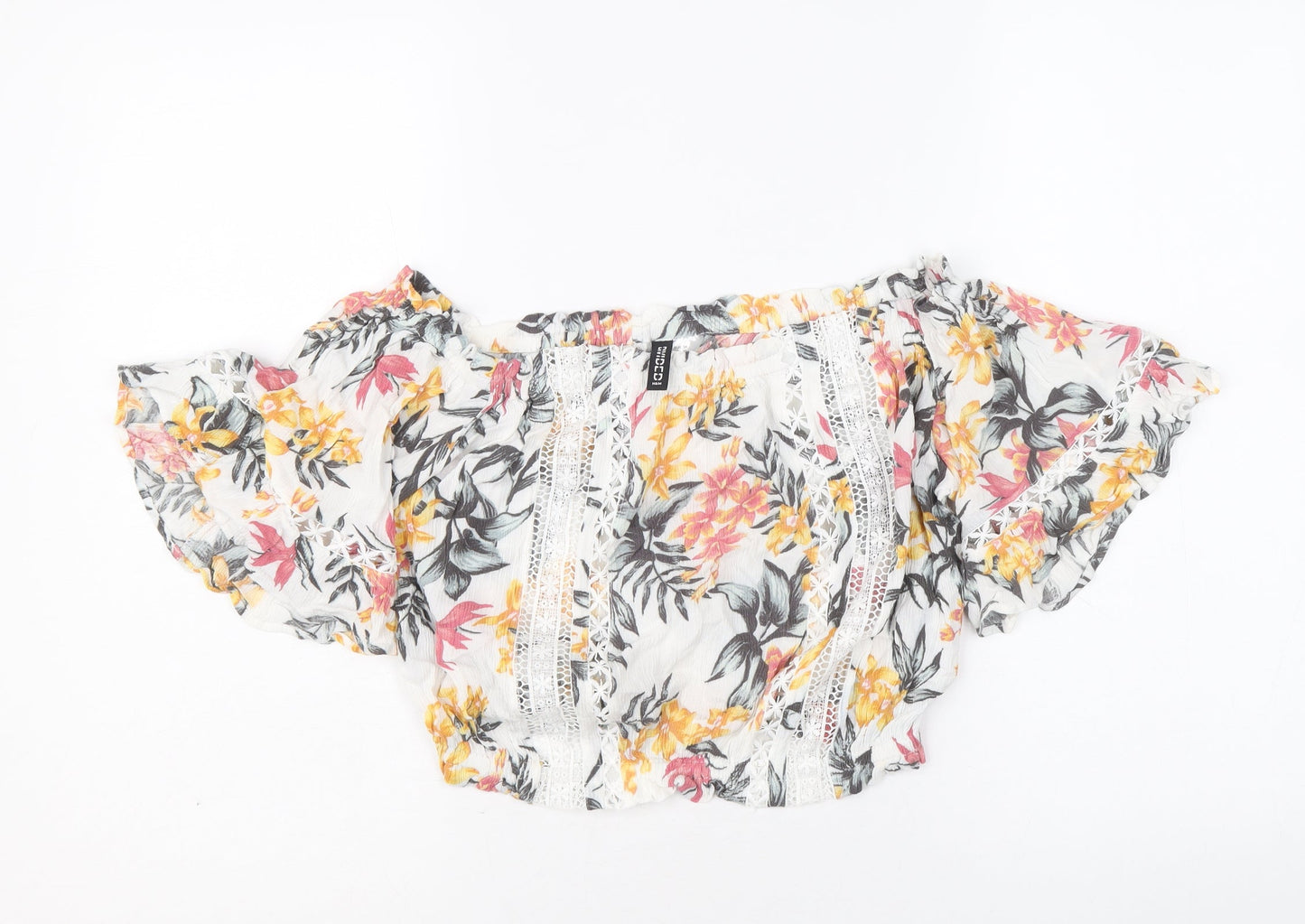 Divided by H&M Womens White Floral Viscose Cropped Blouse Size 10 Boat Neck