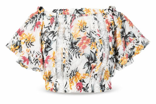 Divided by H&M Womens White Floral Viscose Cropped Blouse Size 10 Boat Neck