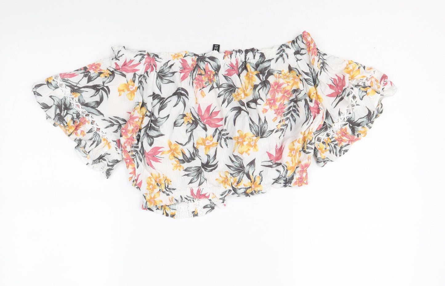 Divided by H&M Womens White Floral Viscose Cropped Blouse Size 10 Boat Neck
