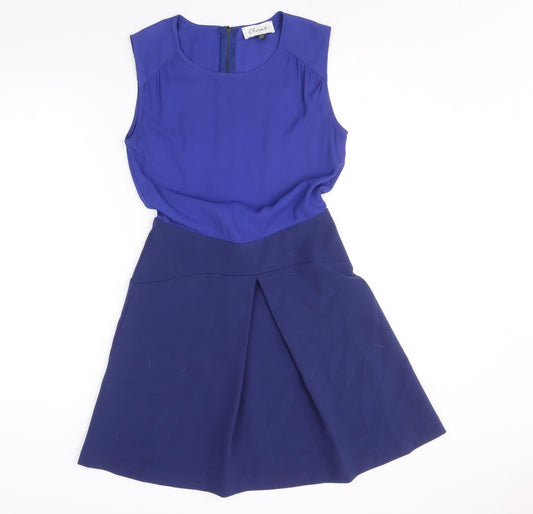 Closet Womens Blue Colourblock Polyester Fit & Flare Size 10 Round Neck Zip