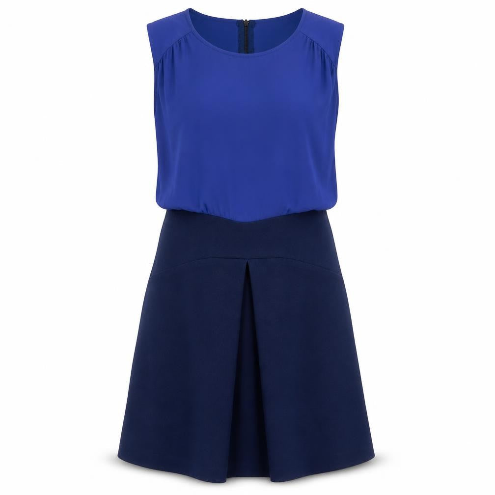 Closet Womens Blue Colourblock Polyester Fit & Flare Size 10 Round Neck Zip