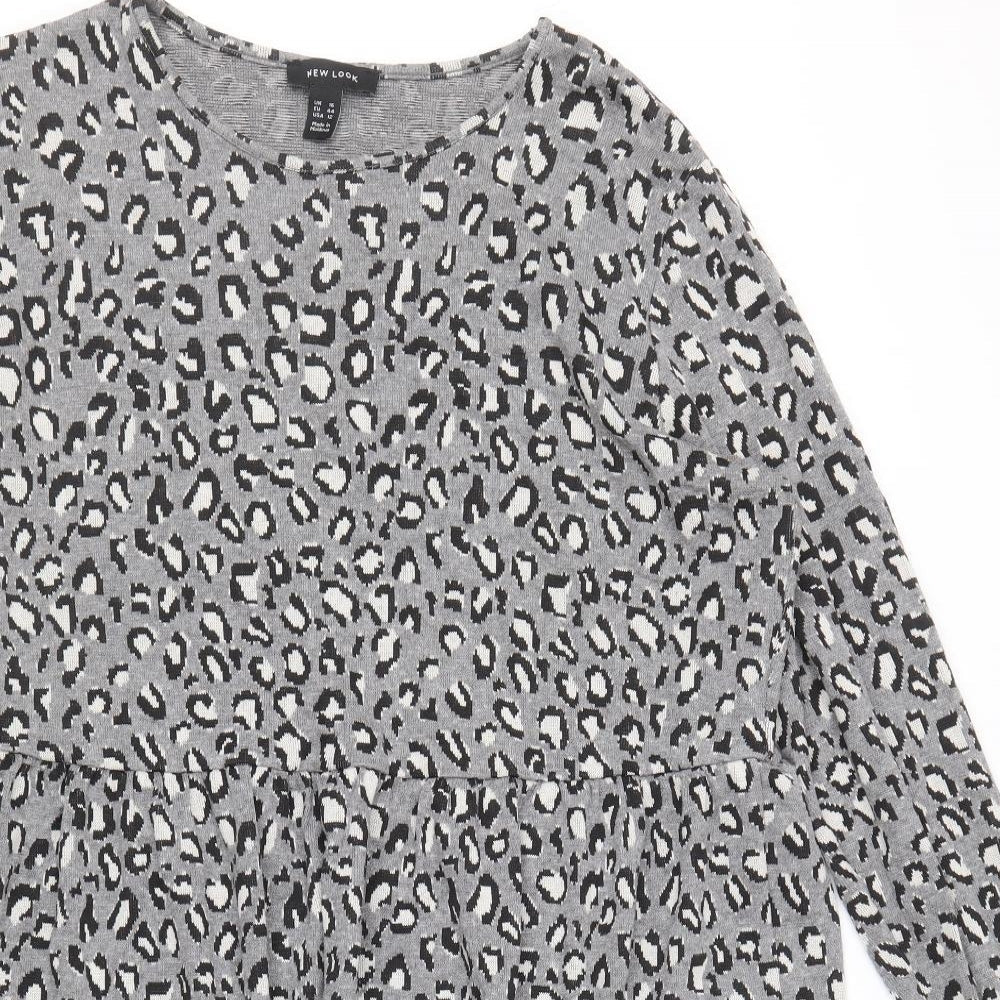 New Look Womens Grey Animal Print Viscose Trapeze & Swing Size 16 Round Neck Pullover - Leopard Pattern