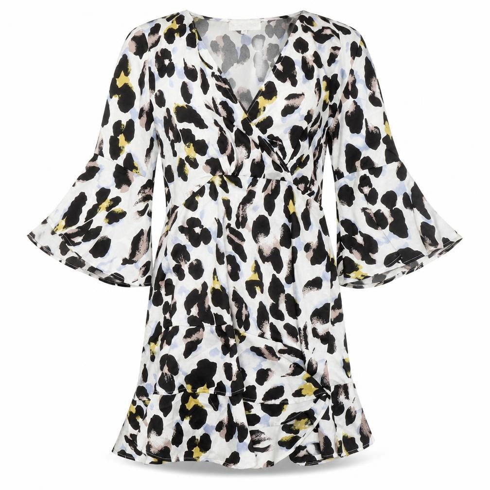 In the Style Womens Ivory Animal Print Polyester Fit & Flare Size 8 V-Neck Pullover - Leopard Pattern
