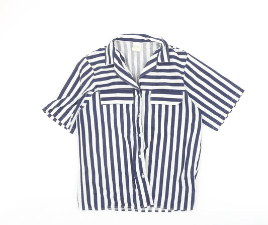 Canada Womens Blue Striped Polyester Basic Button-Up Size 12 Collared