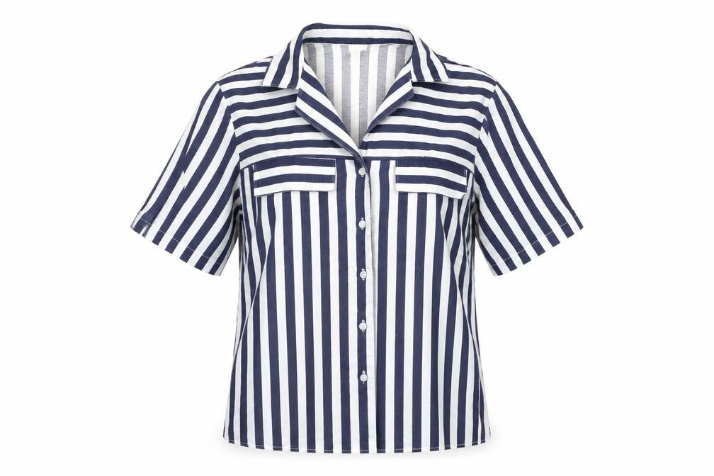 Canada Womens Blue Striped Polyester Basic Button-Up Size 12 Collared