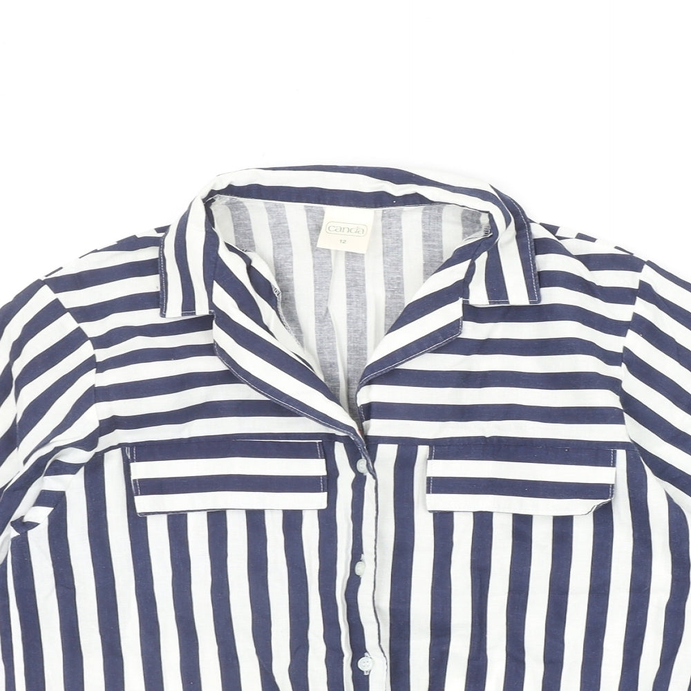 Canada Womens Blue Striped Polyester Basic Button-Up Size 12 Collared