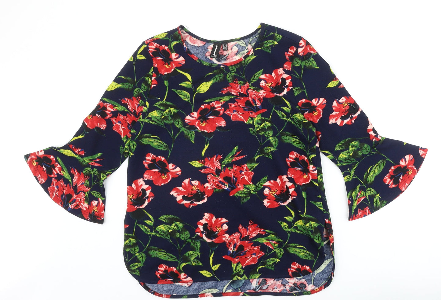Izabel Womens Blue Floral Polyester Basic Blouse Size 12 Scoop Neck - Bell Sleeve