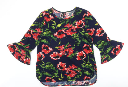 Izabel Womens Blue Floral Polyester Basic Blouse Size 12 Scoop Neck - Bell Sleeve