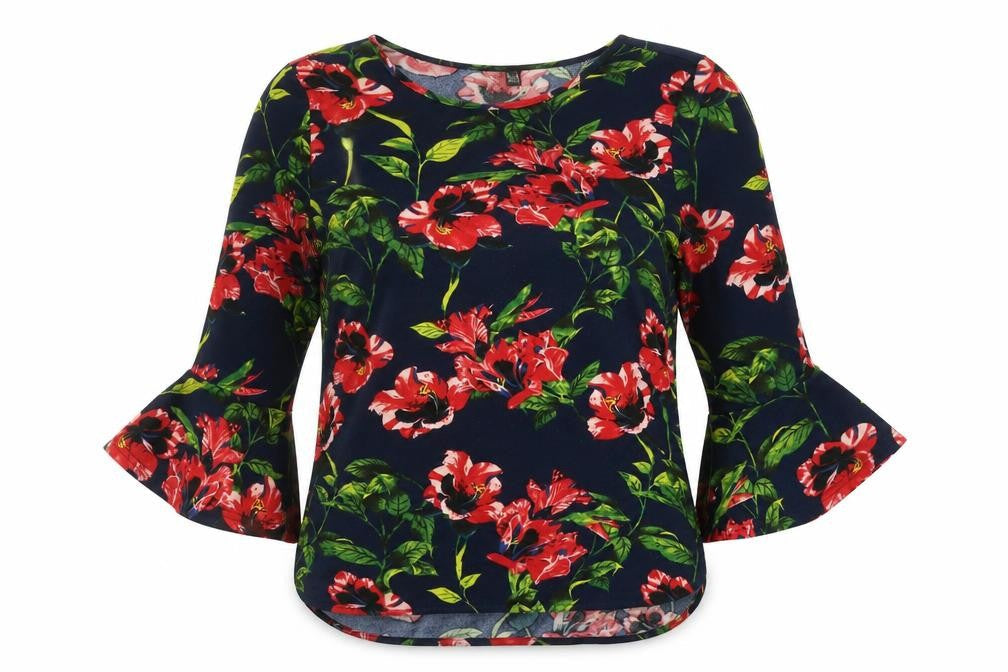 Izabel Womens Blue Floral Polyester Basic Blouse Size 12 Scoop Neck - Bell Sleeve