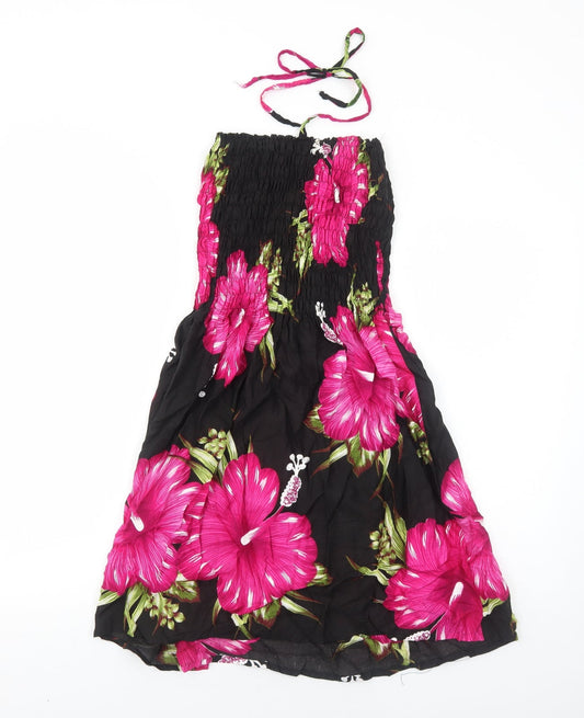 Mc.Clain Womens Black Floral Viscose Fit & Flare Size S Halter Pullover - Shirred