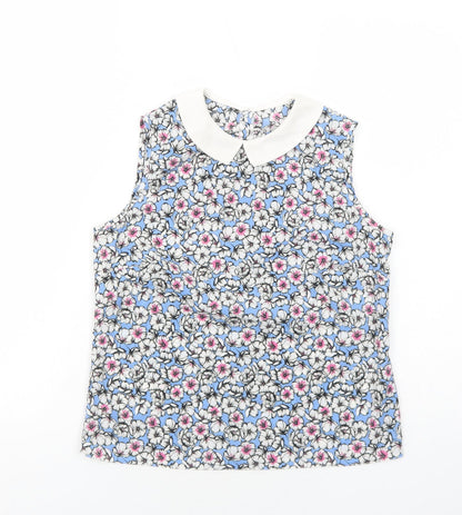Preworn Womens Blue Floral Polyester Basic Tank Size S Collared