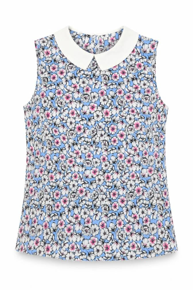 Preworn Womens Blue Floral Polyester Basic Tank Size S Collared