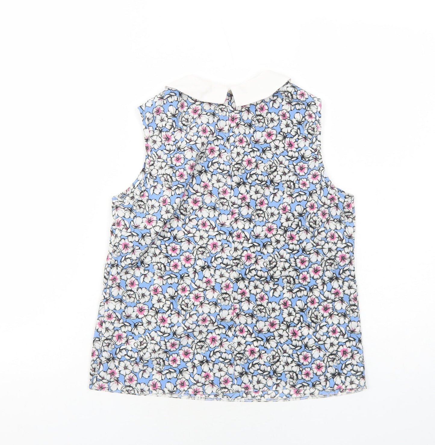 Preworn Womens Blue Floral Polyester Basic Tank Size S Collared