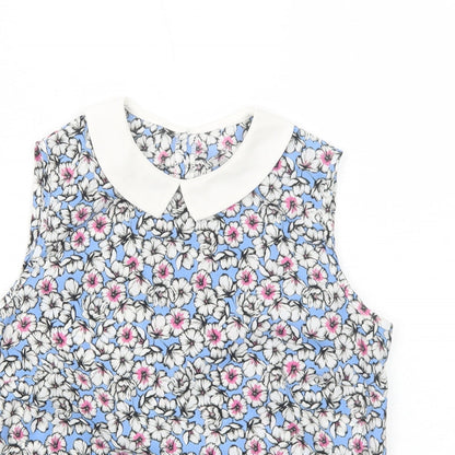 Preworn Womens Blue Floral Polyester Basic Tank Size S Collared