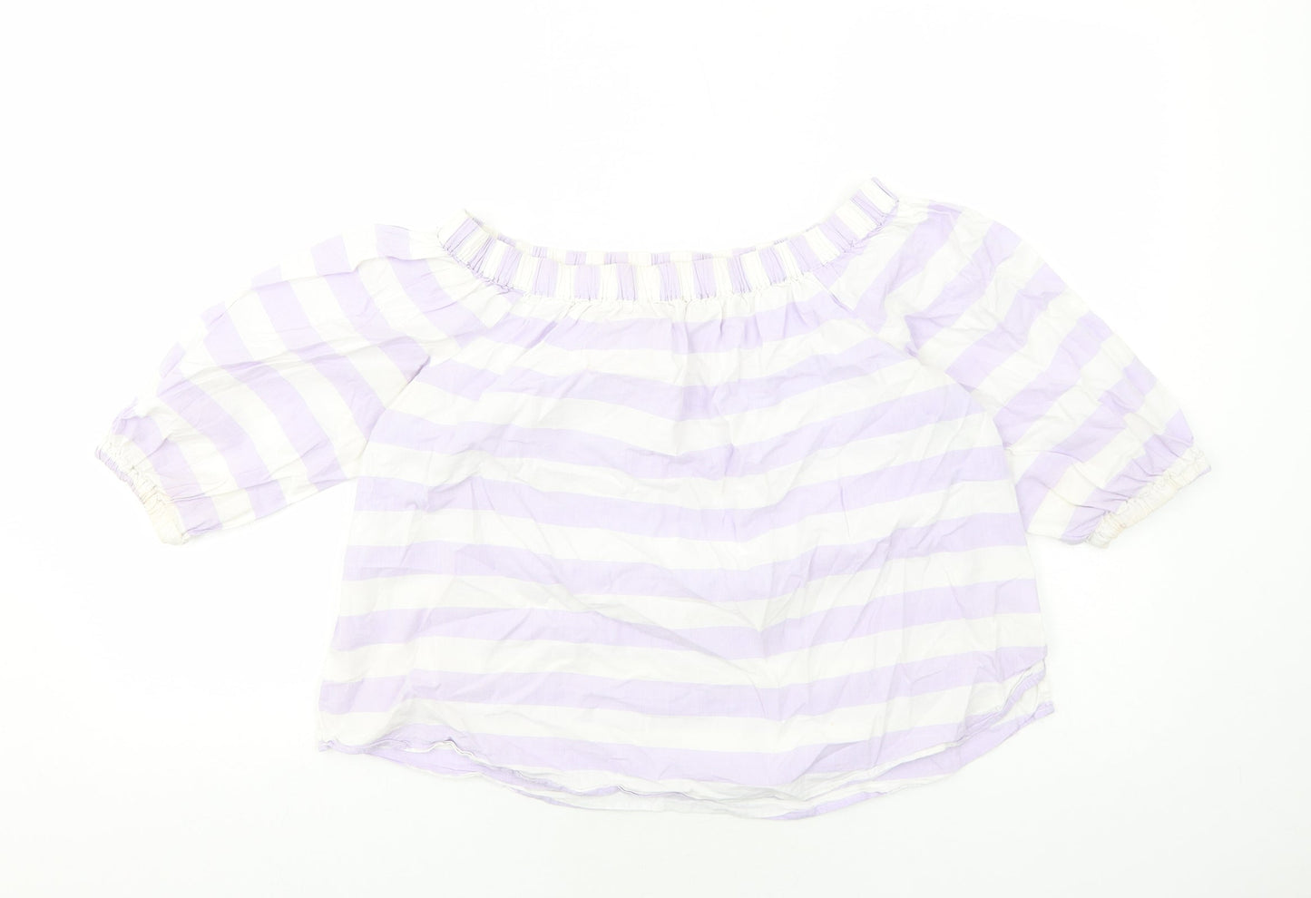 Marks and Spencer Womens Purple Striped Cotton Basic Blouse Size 12 Off the Shoulder - Bardot