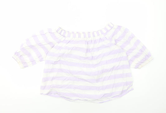 Marks and Spencer Womens Purple Striped Cotton Basic Blouse Size 12 Off the Shoulder - Bardot