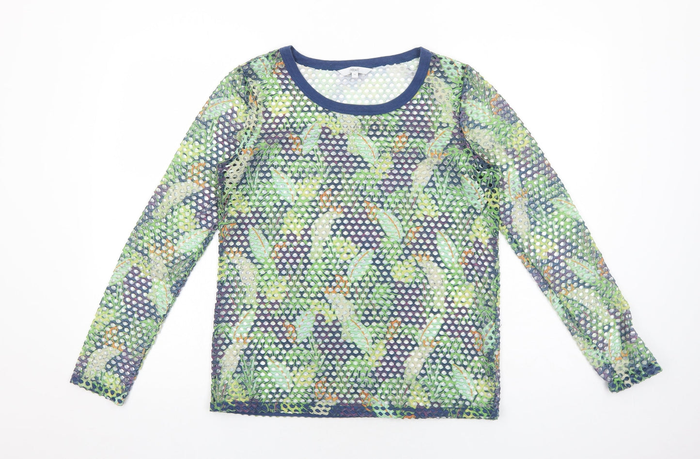 NEXT Womens Green Geometric Viscose Basic T-Shirt Size 10 Round Neck - Leaf Print