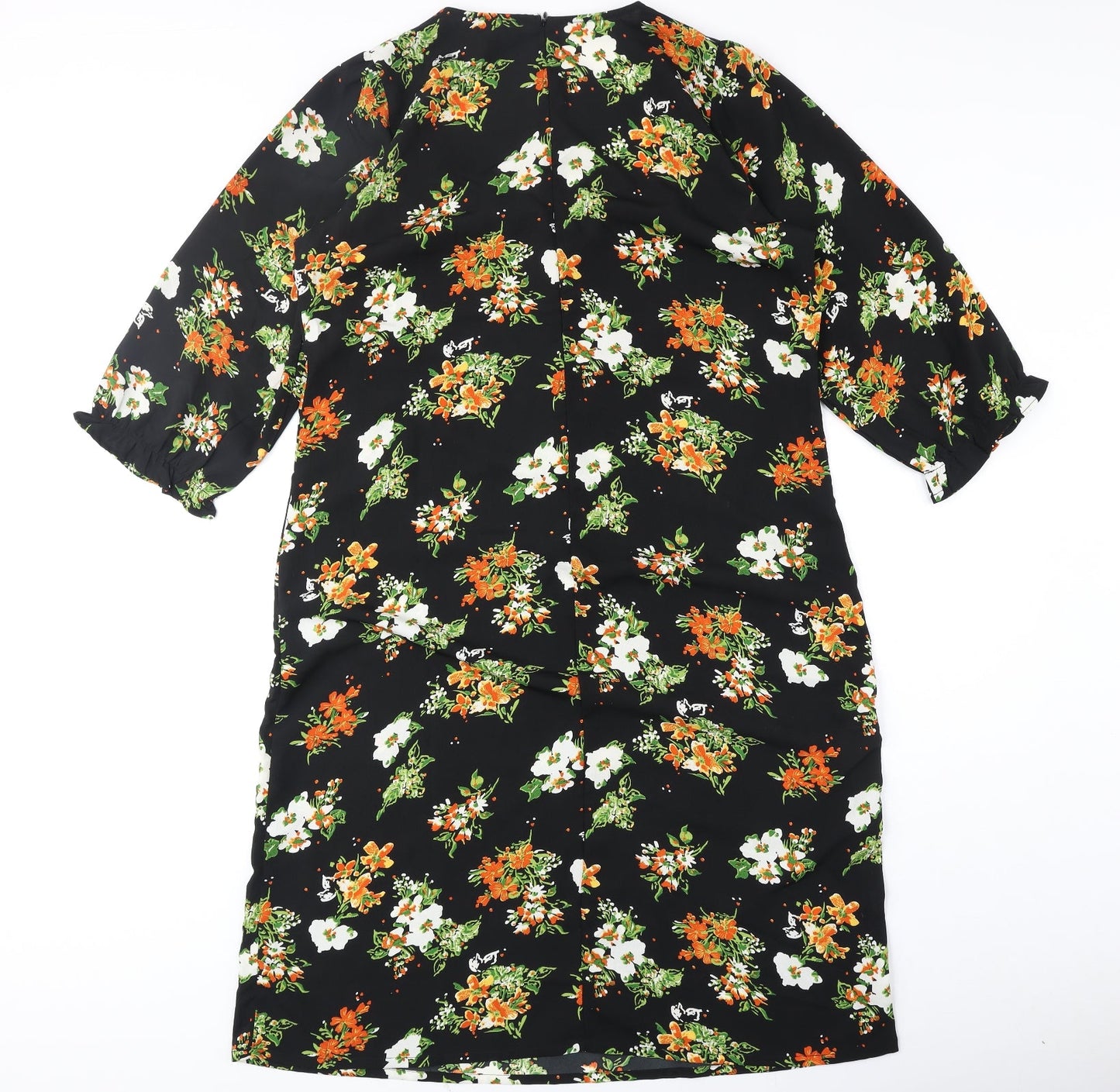 Studio Womens Black Floral Polyester A-Line Size 16 V-Neck Zip