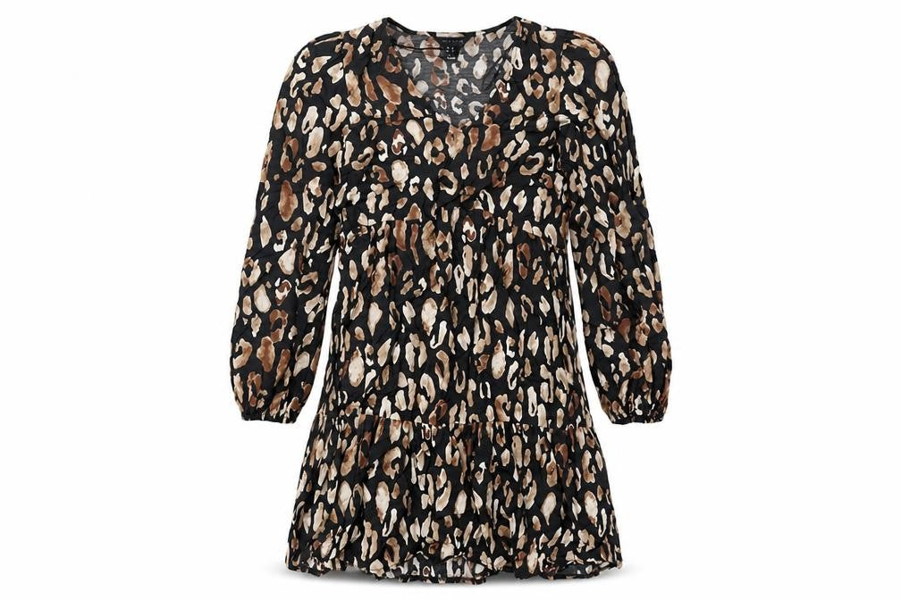 New Look Womens Brown Animal Print Polyester Fit & Flare Size 8 V-Neck Pullover - Leopard Pattern