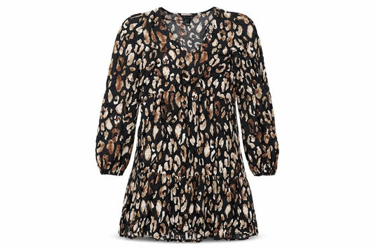 New Look Womens Brown Animal Print Polyester Fit & Flare Size 8 V-Neck Pullover - Leopard Pattern